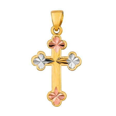 JewelryAffairs 14k Tricolor Gold Shiny Diamond Cut Clover Tips Cross Pendant
