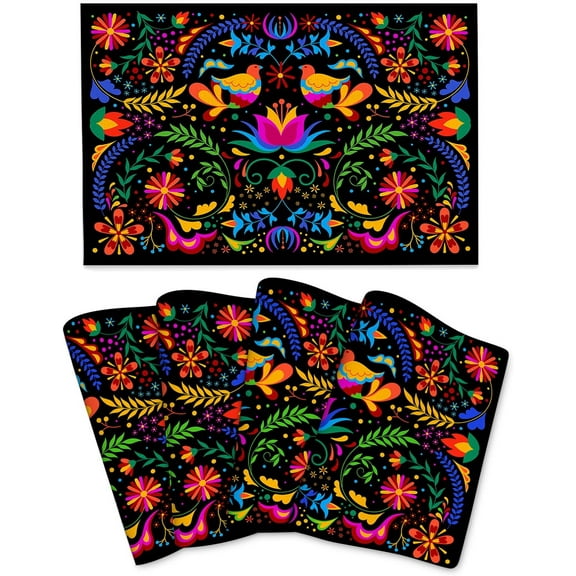 Mexican Placemats Set of 4 Linen 12"x18" Mexican Flower Decorative Kitchen Table Mats for Dining Kitchen Party Home Decor Washable Place Mats
