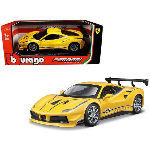 Bburago 26307y Ferrari 488 Challenge No.25 Yellow with Blue Stripes Ferrari Racing 1 by 24 Diecast Model Car