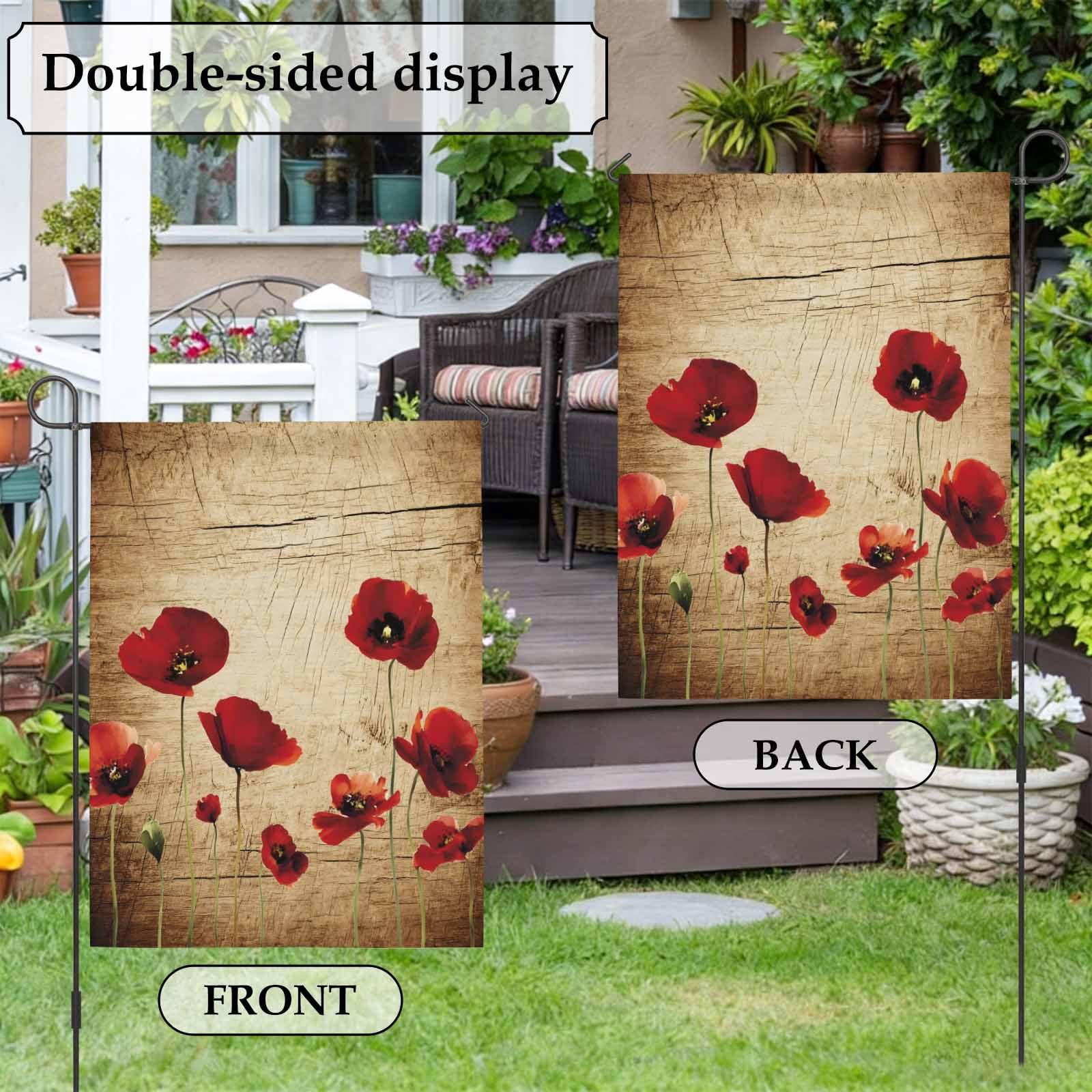Red Flowers House Flag 28 x 40 Inches, Vintage Red Floral Brown Wood Grain Weather Proof Outdoor Patio Flags Double Sided Small House Decoration for Yard Lawn Outside Home