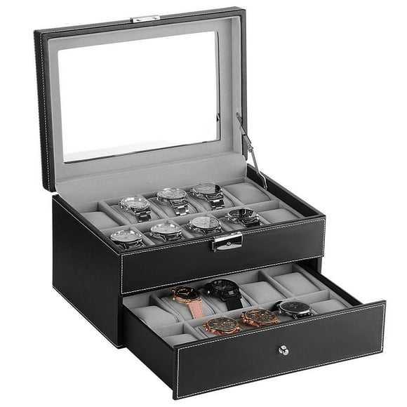 Lockable Leather Watch Box, 20 Girds 2 Tier Jewelry Case Storgage Organizer Mens Watch Box with Removable Storage Pillows & Drawer