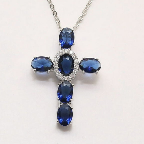 TAAPSEE JEWELS Oval Cut Sapphire Cross Gorgeous Women's Pendant Chain 14k White Gold Plated
