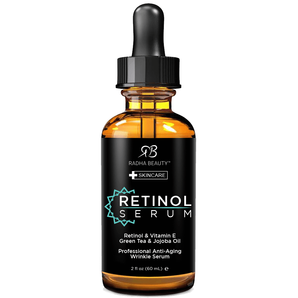 Radha Beauty Retinol Serum 2 oz. - with Hyaluronic Acid, Vitamin E, Jojoba, and Green Tea. Facial Serum for Anti-Aging, Wrinkles, and Fine Lines