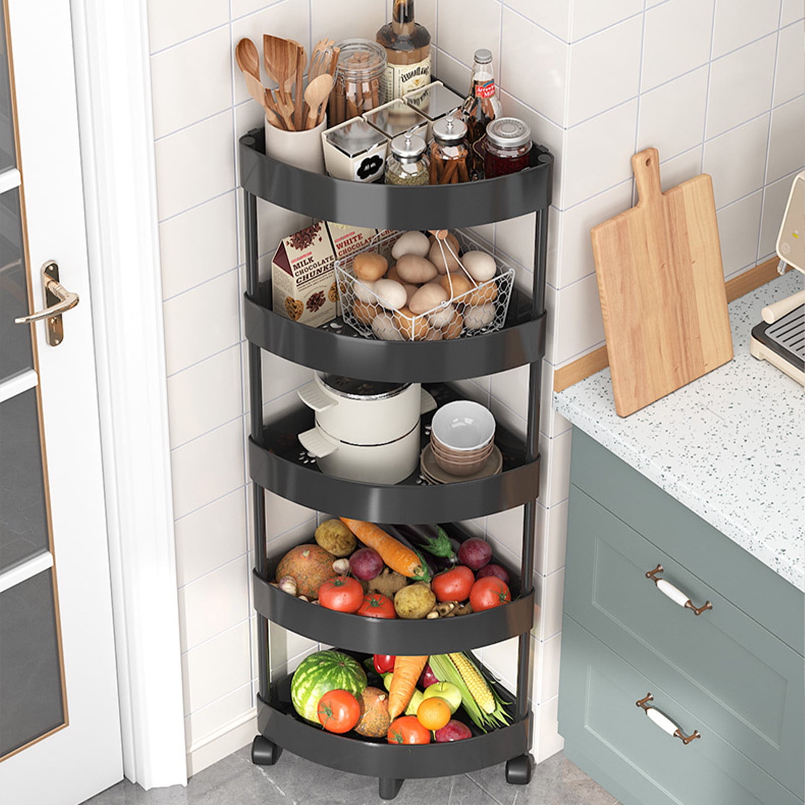 Viflosae Corner Shelf Toilet Shelf Bathroom Corner Storage Shelf Organizer with Detachable 5 Tiers Rolling Wheels and Drainage Holes for Bathroom