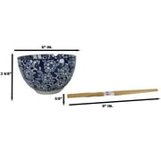 Blue Botanica Floral Blossoms 20Oz Donburi Ramen Soup Bowl With Chopsticks Set