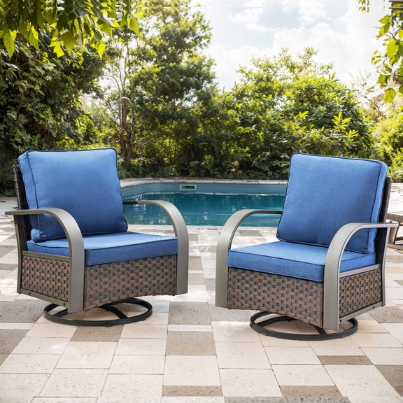 Planntonneo Outdoor Wicker Swivel Glider Chair Set of 2, Patio Rocking Chairs with Blue Cushions