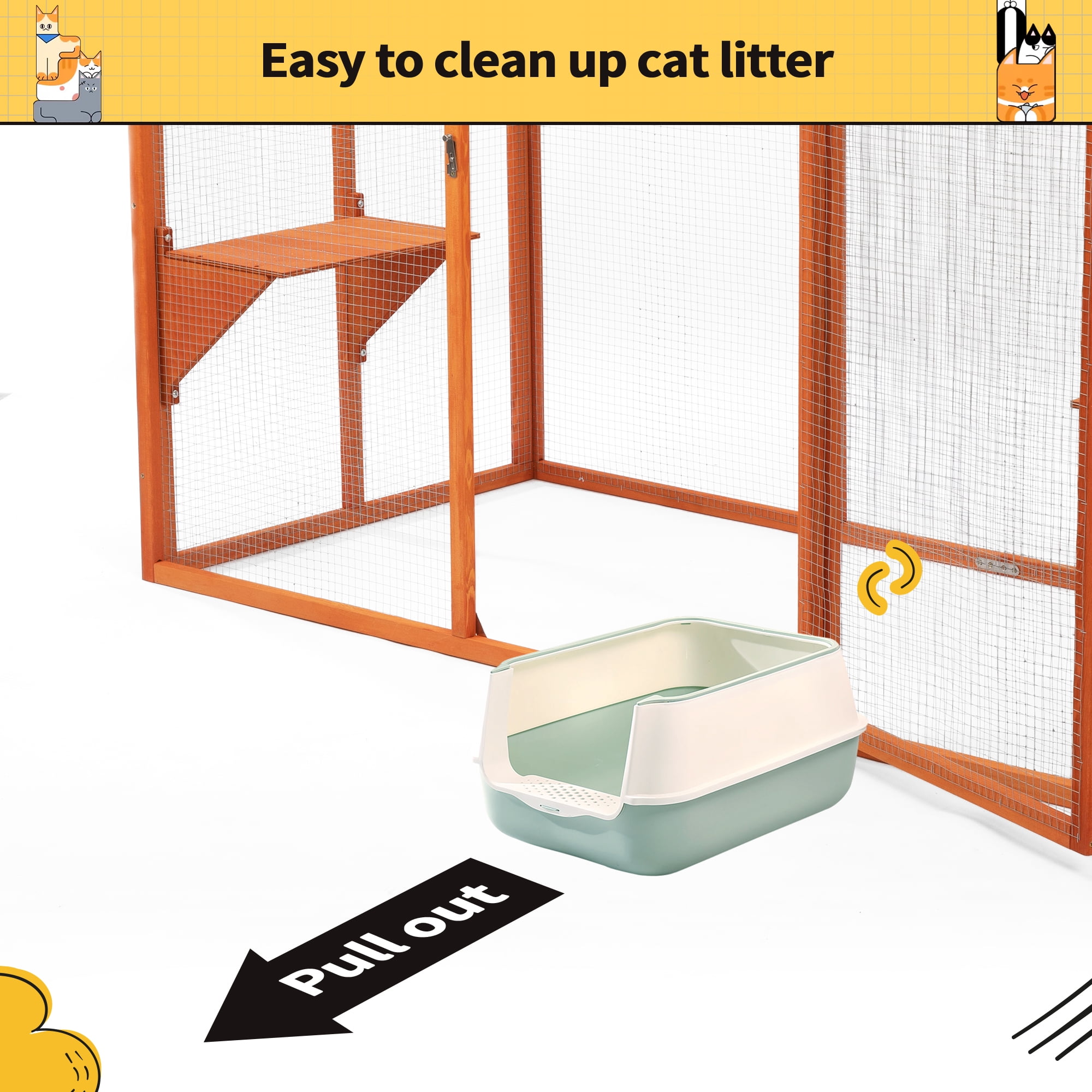 COZIWOW Outdoor Cat House, Wood Cat Catio with Platforms, Lockable Enter Door, Sunshine Panel, Cat Patio Cage Enclosure for Backyard Garden, Orange