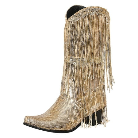 

Womens Fringe Metallic Cowboy Boots Pointed Toe Hell Tassel Mid Calf Boots