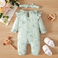 thumbnail image 4 of Newborn Baby Girls Clothes Baby Girls One Piece Romper Jumpsuit Long Sleeve Ruffle Collar Floral Jumpsuit Headband 2PCS Set Green 0-3 Months, 4 of 8