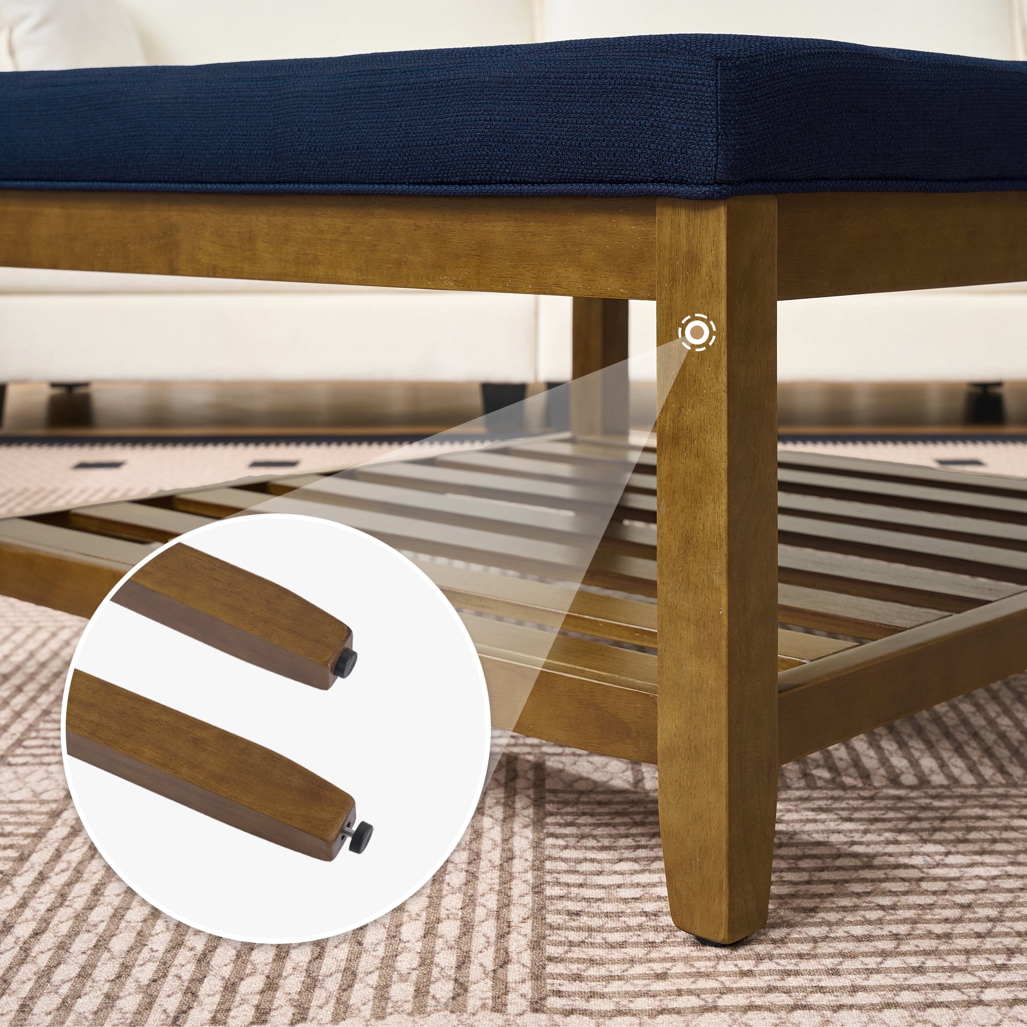 Square Upholstered Ottoman Coffee Table with Storage Shelf, Linen Fabric, Tufted Top, 31.9"x31.9", Navy Blue