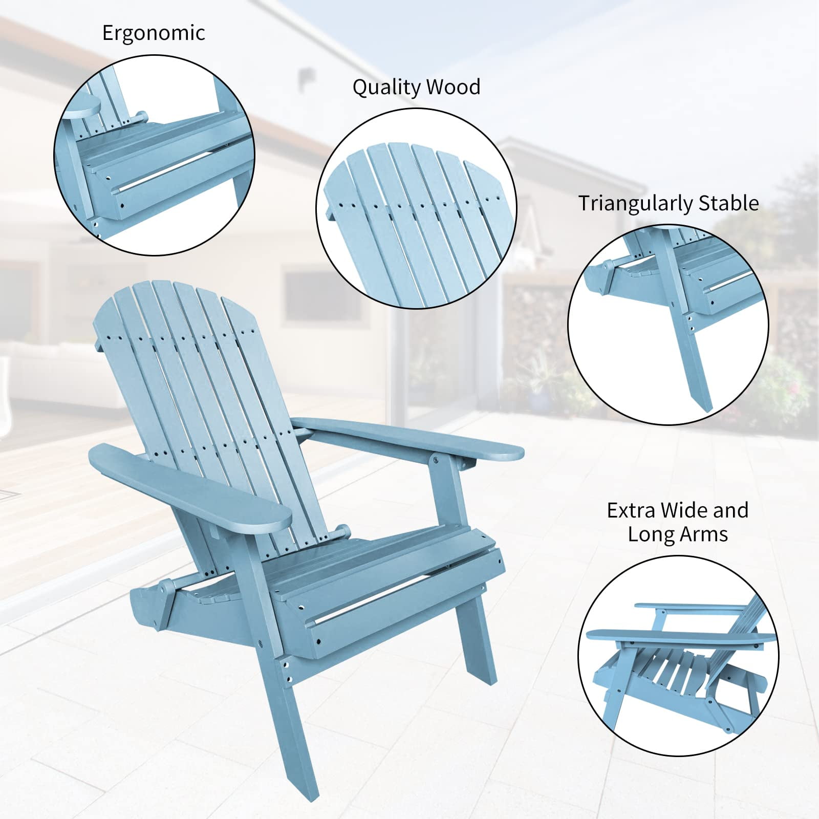 BIQWBIC Folding Adirondack Chair, Solid Wood Fire Pit Chairs with Wide Armrests, All-Weather Outdoor Patio Lawn Garden Chairs, 350 Lbs Capacity, Easy to Install, Turquoise