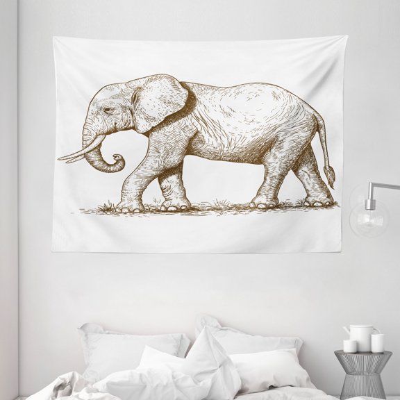 Elephant Tapestry, African Safari Animal Sketchy Style Mammal Modern Wilderness Artistic Illustration, Wall Hanging for Bedroom Living Room Dorm Decor, 80W X 60L Inches, Grey White, by Ambesonne