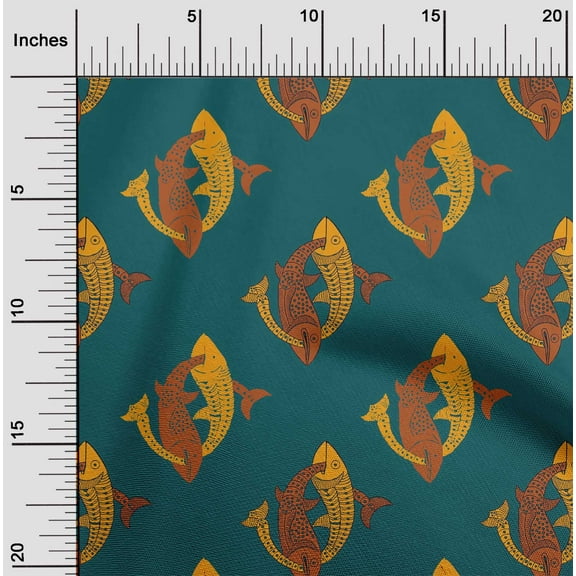oneOone Organic Cotton Poplin Twill Fabric Fish Block Print Sewing Fabric BTY 42 Inch Wide
