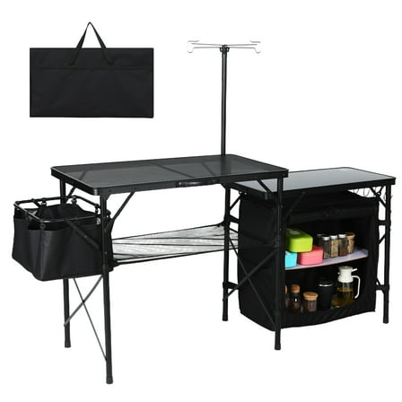 Portable Folding Camping Kitchen Table, Outdoor Cook Station with Storage Organizer, Light Pole, Side Bag & Hooks for BBQ, Picnic, Beach, Tailgating, RV Trips