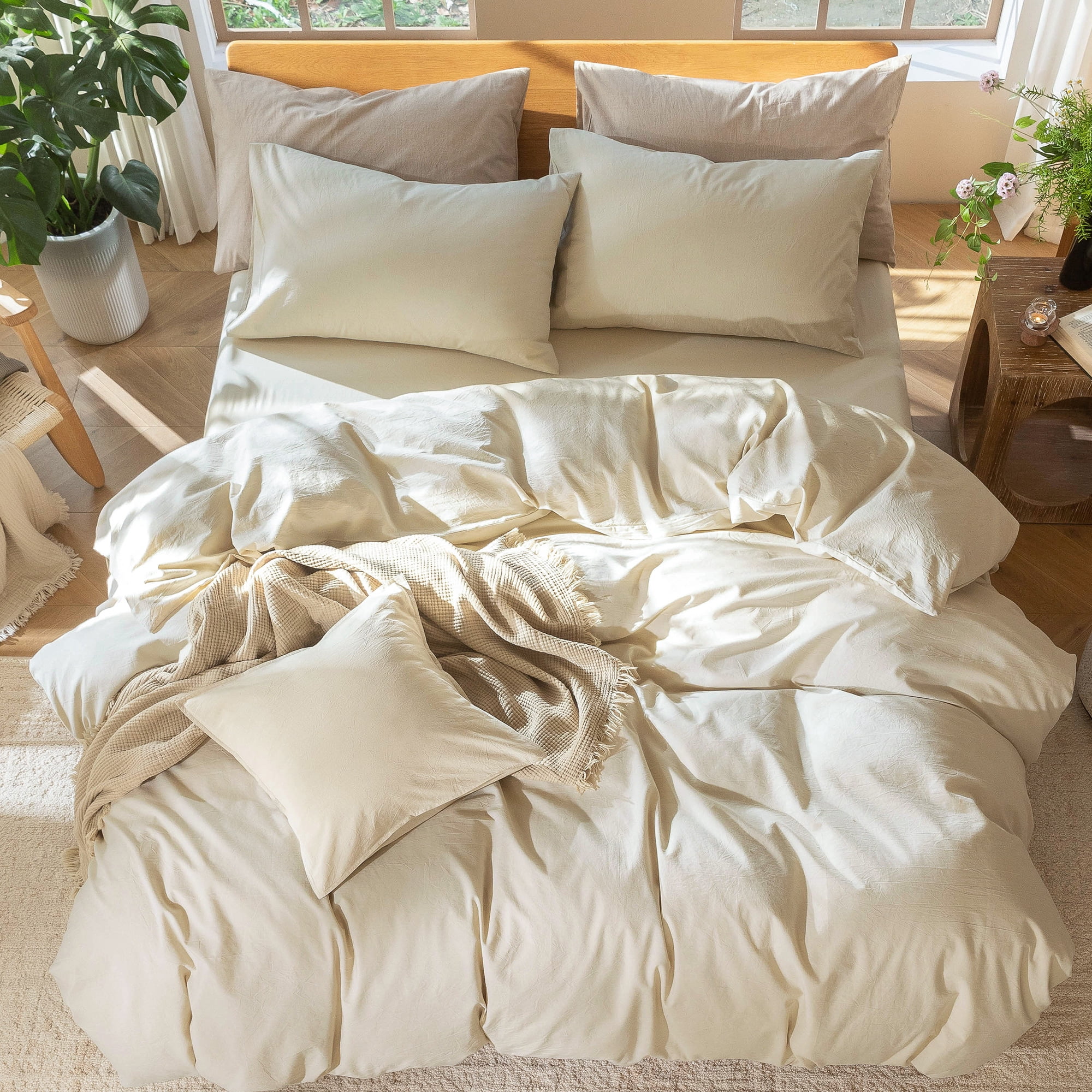 MooMee 100% Washed Cotton Duvet Cover Set Full Size Linen Like Textured Breathable 3-Piece (Almond Milk Grey, 80"x90")