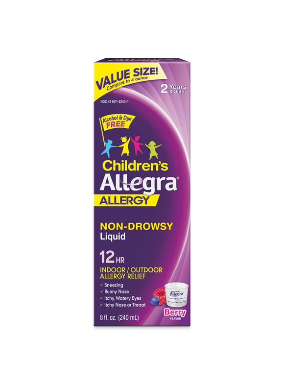 Allegra Children's Non-Drowsy Antihistamine Medicine for Kids Allergy Relief, 30 mg Fexofenadine, Berry Flavor, 8 fl oz