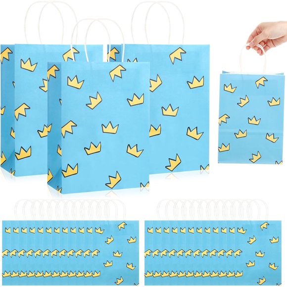 24 Pcs Dog Party Favor Bags with Handles, Blue Comic Goodie Gift Bags with Yellow Crown Pattern for Comic Hero Theme Birthday Party Supplies