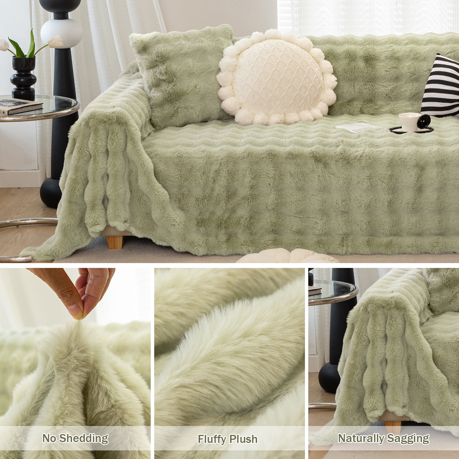 WOOW DEPOT Warm Faux Rabbit Fur Sofa Cover Machine Washable, Thick Throw Blanket L Shape Slipcover for 2 - 3 Cushion Couch, Green 71"x118"