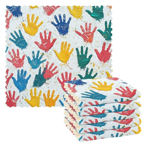Colorful Handprints Kitchen Cloth Dish Towels for Drying Washing Absorbent Dish Rags 6 Pack
