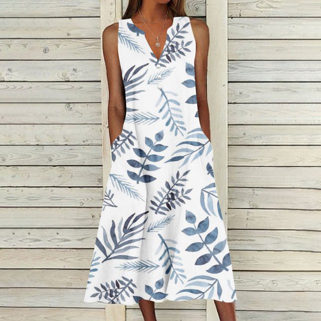 Estbridge Robes d'Été pour Femmes Décontractées Plissées Amples Évasées Midi pour Femmes Imprimé Floral Longueur Genou Grande Taille Robe Col Ras du Cou Manches Courtes Robe d'Invitée de Mariage Économies d'Été Liquidation