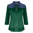 thumbnail image 3 of 3/4 Length Sleeve Womens Tops Velvet Denim Patchwork Lapel Collar Button Down T Shirts Womens Casual Plus Size Loose Fits Comfy Velour Three Quarter Sleeve Shirt, 3 of 7