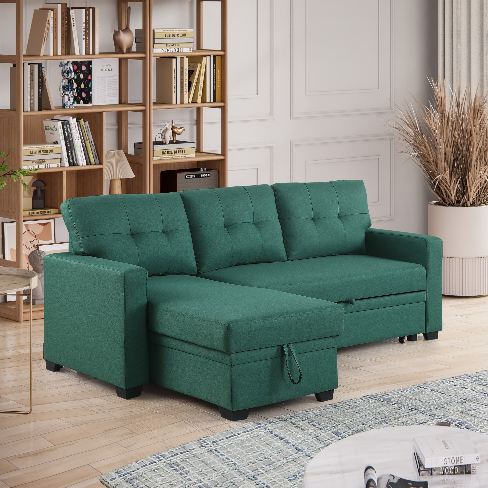 BSHTI 82" 3-Seat Linen Pull Out Sectional Sleeper Sofa with Storage Chaise, Removable Back Cushions for Living Room（Green）