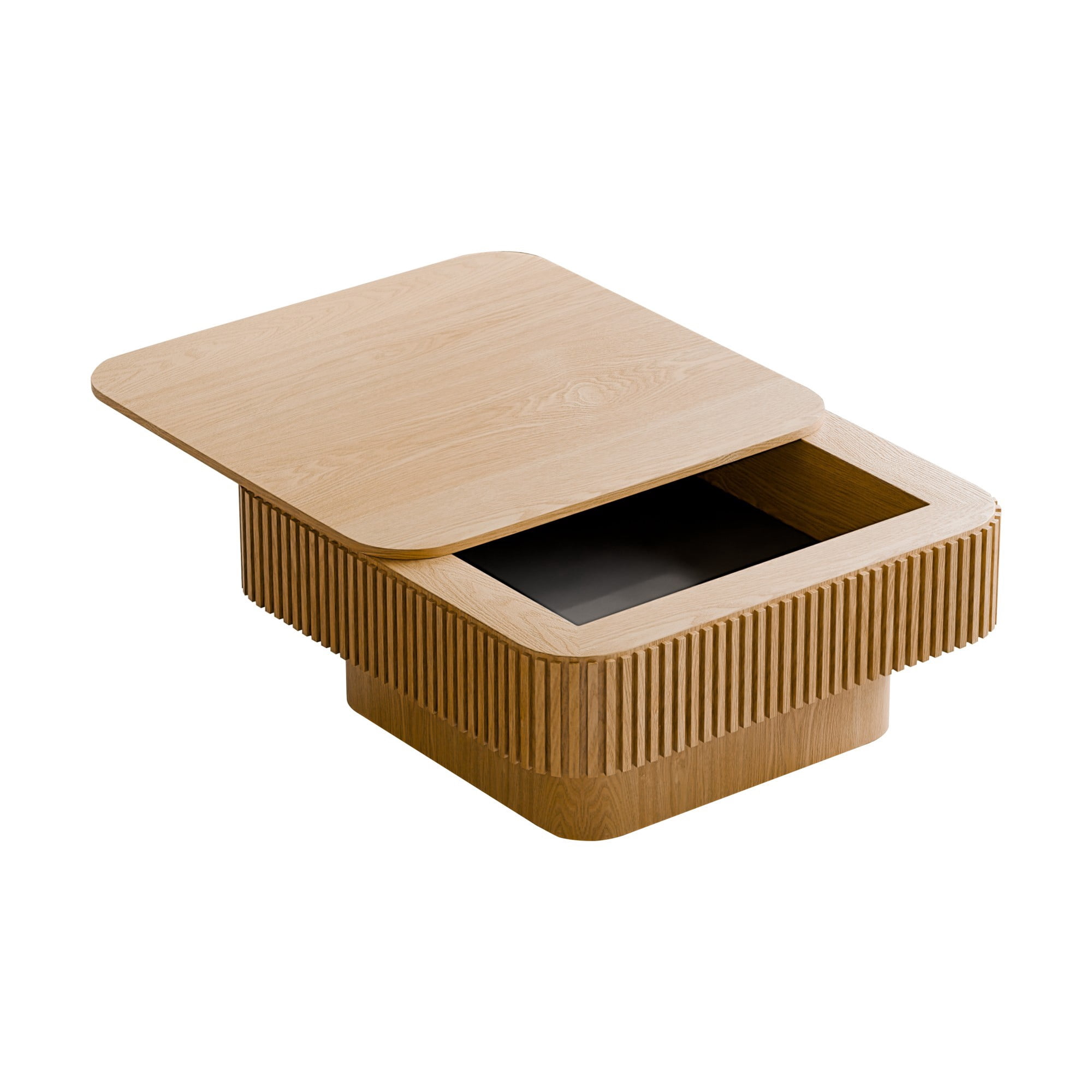 31.5" Square Coffee Table with Storage, Modern Fluted Coffee Table with Hidden Compartment, Wood Veneer Center Table for Living Room, Natural