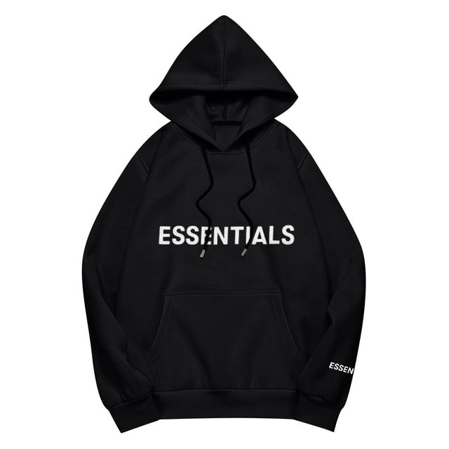 Pullover Hoodie with Adjustable Drawstring Hood and Front ESSENTIALS Lettering Print Casual Loose Fit Design Black L