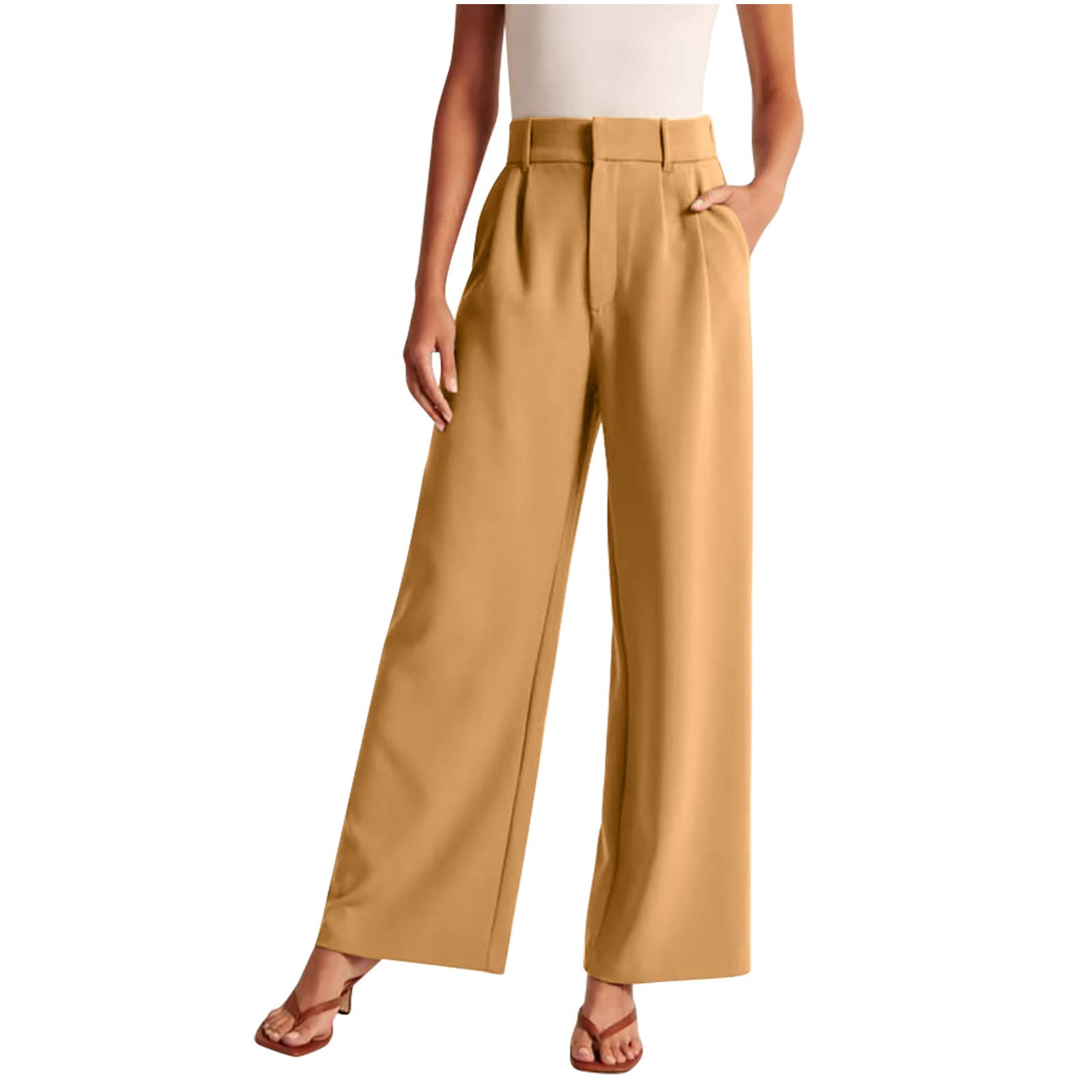 華麗 Women's absuyy Fashion Color Solid Pants Leg Wide Waist High Clothing