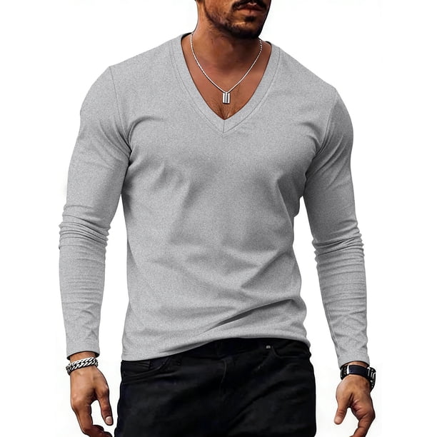 Ceisia Men's Slim-Fit Long-Sleeve V-Neck T-Shirt Multi-Solid for Summer Casual Gift