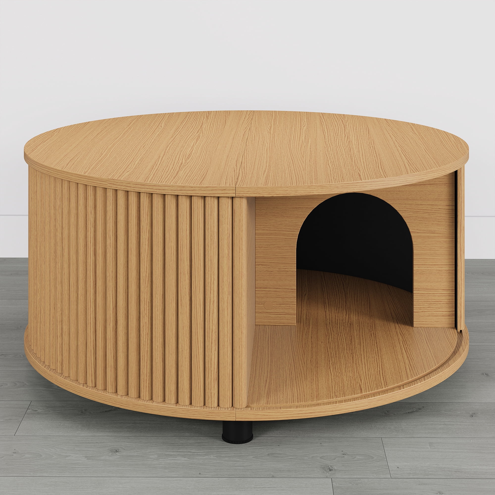 Spruce & Spring 31.5" Round Lift-Top Coffee Table with Storage, Fluted Drum Table with Sliding Door & Curved Pet Opening, Mid-Century Modern Wood Coffee Table for Living Room and Small Spaces, Oak