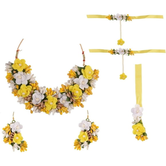 SHIQI-Wedding Handamade Jewelry Multicolor Flower Necklace for Women Earrings Maangtikka with Adjustable Floral Ring Finger Bracelet Bridal Indian Jewelry Sets for Women Haldi Bridal Jewelry