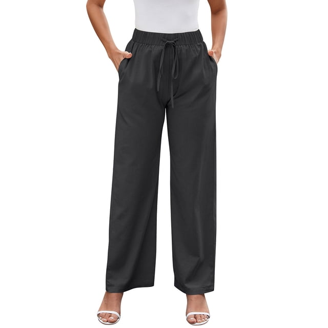 Timegard Womens Wide Leg Pants Elastic High Waisted Drawstring Solid Color Lounge Pants with Pockets