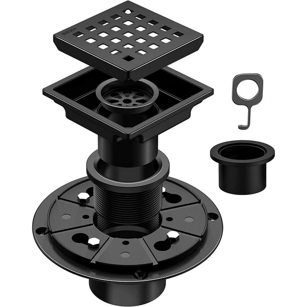 4 Inch Square Shower Floor Drain with Flange, Quadrato Pattern Grate Removable Shower Drain Kit
