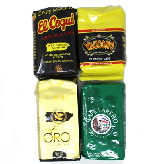 Puerto Rican Variety Pack Ground Coffee - 4 Local Favorites in 8 Oz Bags (Yaucono, Oro, Coqui and Lareno)