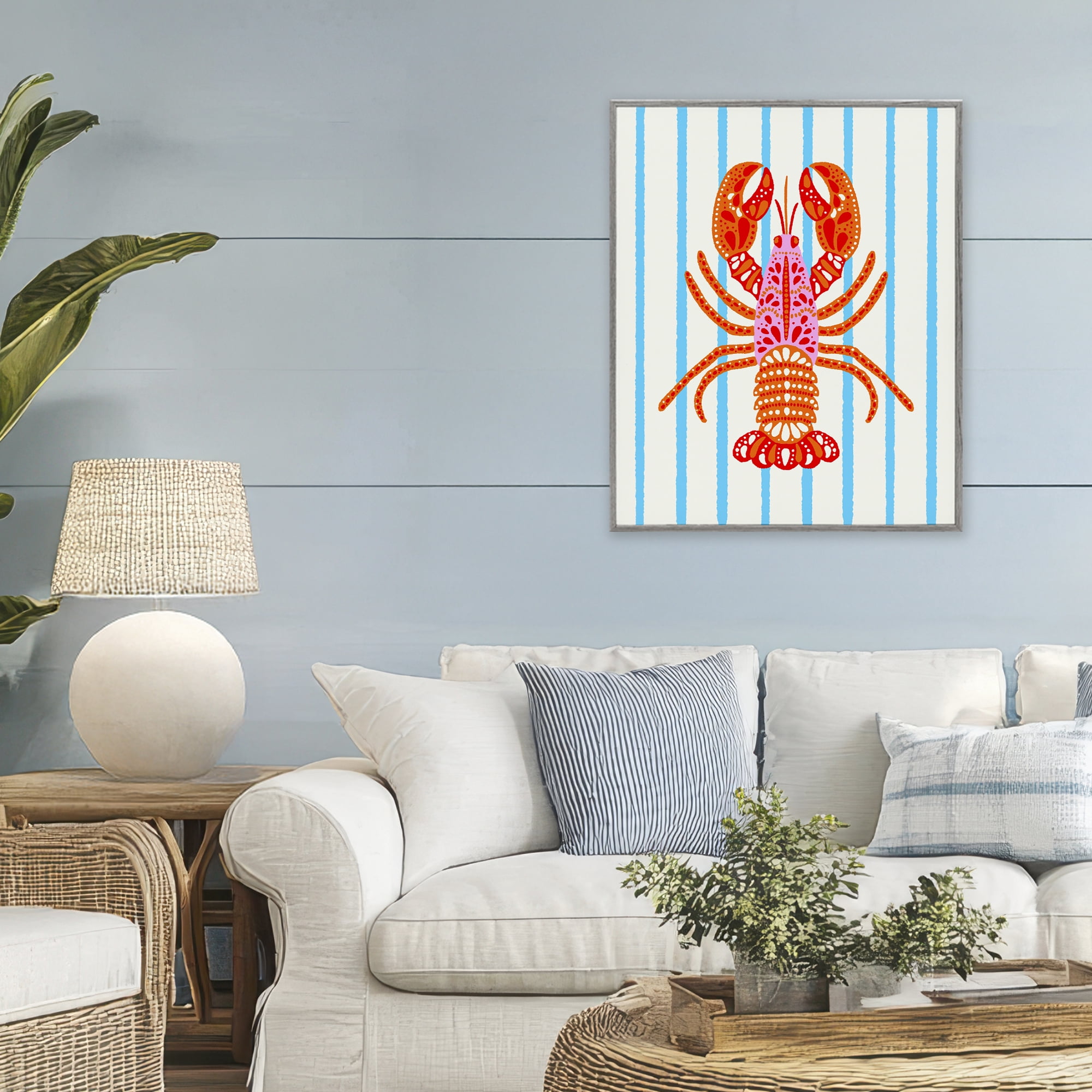 Stupell Industries Bright Boho Lobster on Stripes Gray Framed Giclee Art, design by Indira Prieto | IndySign