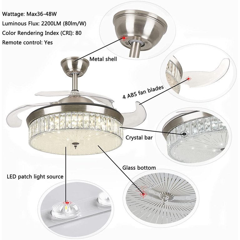 MIDUO 42 Inch Modern Crystal Ceiling Fan Light w/4 Invisible