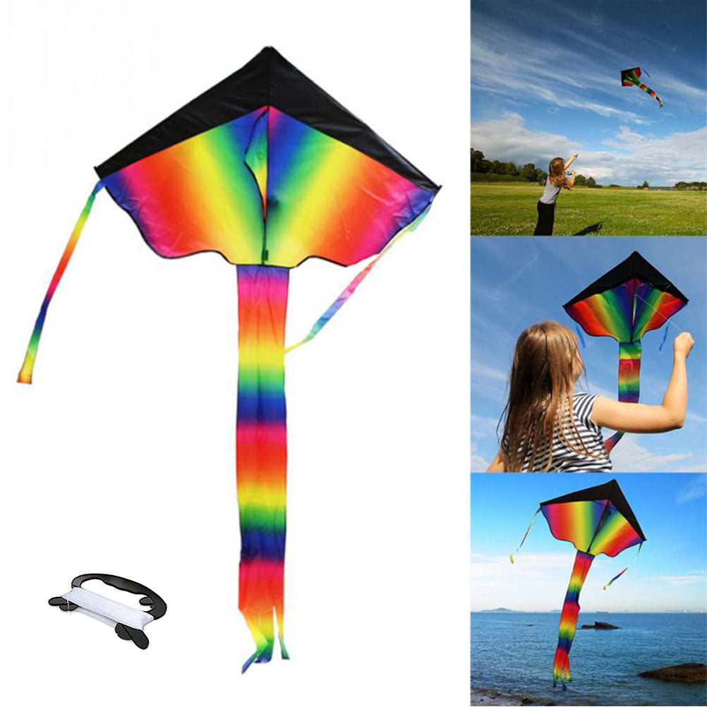 Colorful Rainbow Kite Long Tail Outdoor Flying Toys For Kids w/ 100m line winder 