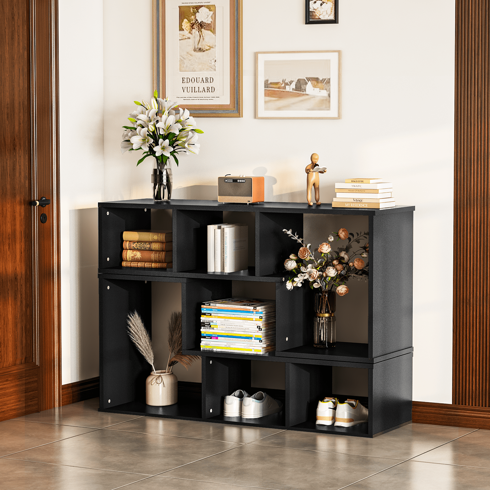MOOSENG Horizontal Bookshelf, Vintage 2 Shelf Cube Bookcase L-Shaped TV Console Stand, Modern Entertainment Center with Open Storage Shelves for CDs/Movies/Books for Living Room, Bedroom