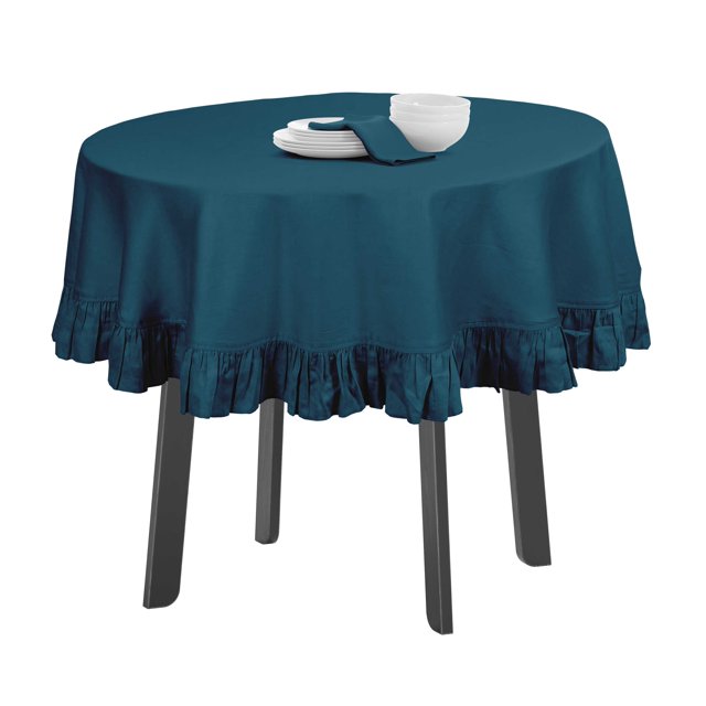 Vargottam Ruffle Tablecloth Solid Cotton Round Cover 54'' x 54'' Teal Blue Decoration