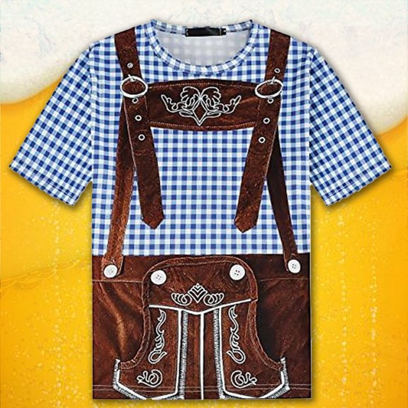 Wxolcjlv Mens T-Shirts Oktoberfest Bib Pants Plaid Funny Printed Short Sleeve Crewneck T Shirts Summer Festival Casual Tee Shirts