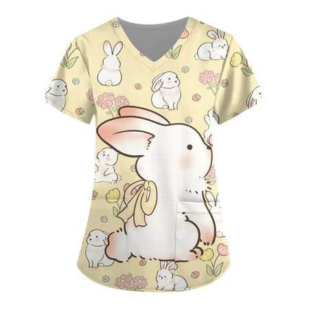 

Mlqidk Easter Printed Scrub Tops for Women Breathable Easter Eggs Bunny Pattern V-Neck T-Shirts Tee Scrubs Top with Pockets