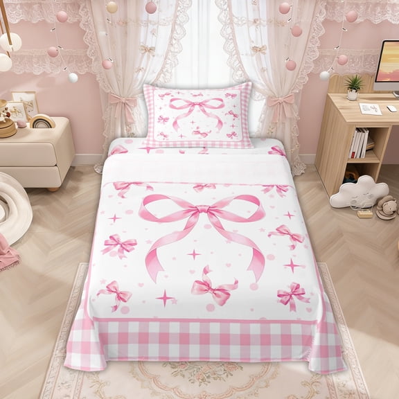 Manfei Pink Bows Checkered Print Twin Sheet Sets for Girls, Cute Ribbon Bows Bedding, 3 Pieces