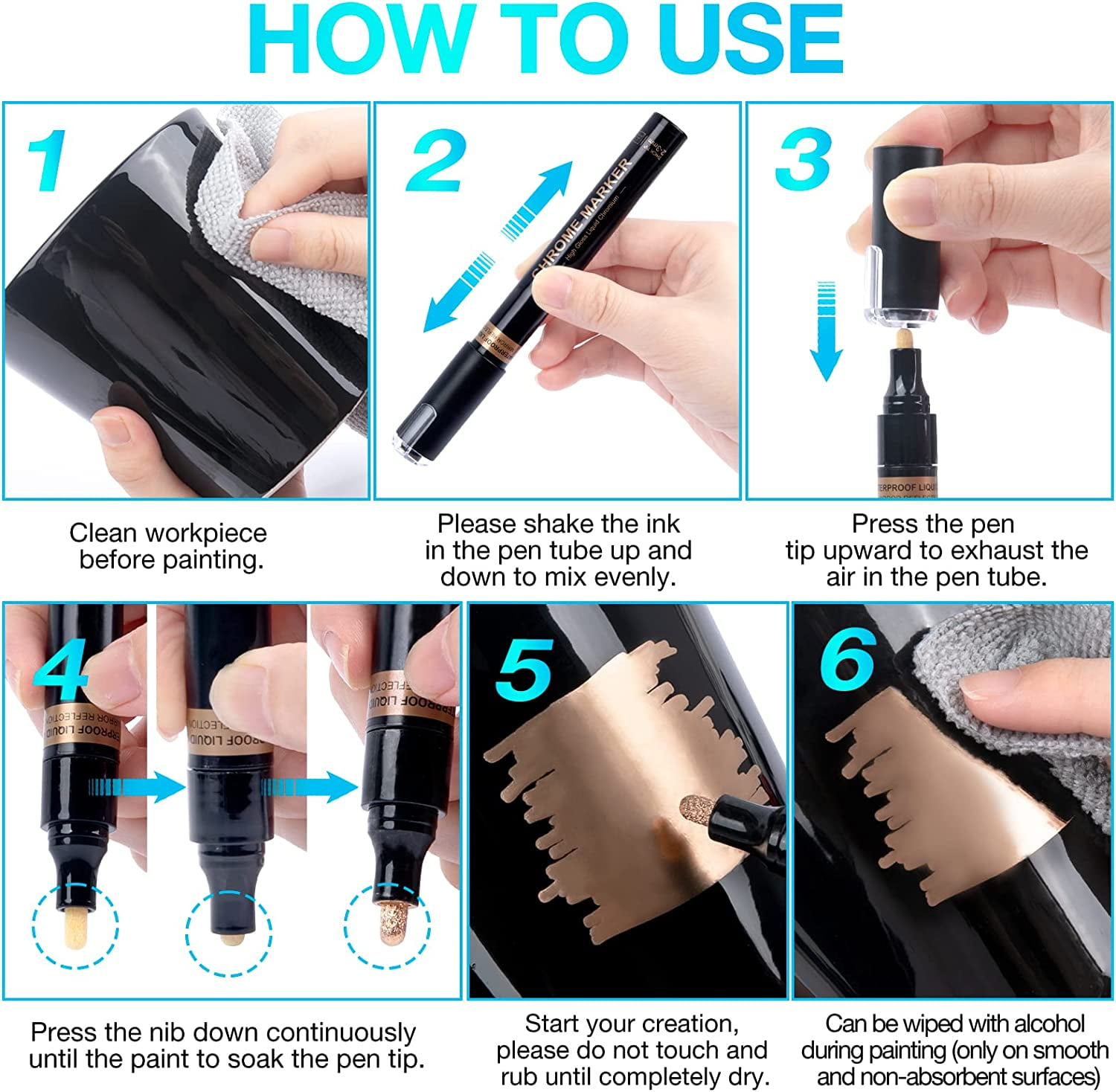 Copper Liquid Chrome Marker Set: 5pcs Oil- based Liquid Chrome Paint Pen, Permanent Reflective Chrome Touch Up Markers for Model Metal Plastic Glass Ceramic Cars Repair Tire DIY Art Craft(1-3mm)