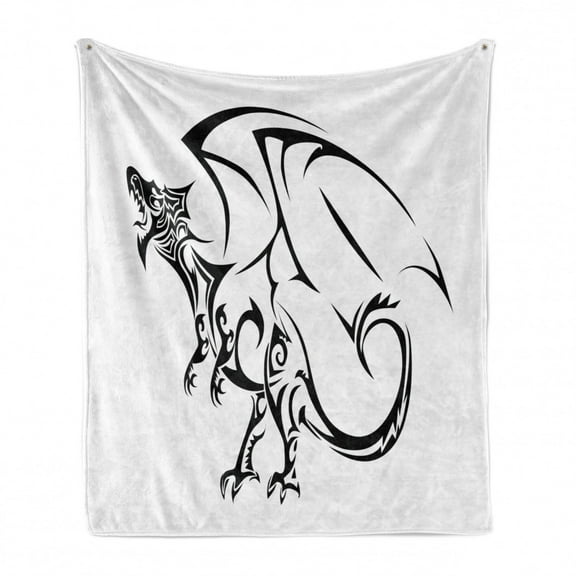Celtic Soft Flannel Fleece Throw Blanket, Tribal Dragon Sketch as Cult Myth Fantasy Animal Tattoo Art Design, Cozy Plush for Indoor and Outdoor Use, 50" x 60", Black and White, by Ambesonne