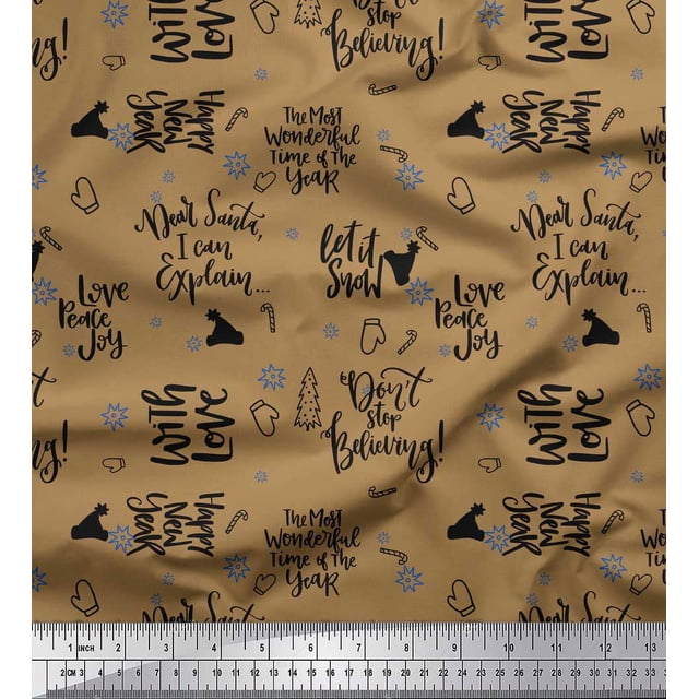 Soimoi Brown polyester Crepe Fabric Christmas Tree & Love Peace Joy Text Decor Fabric Printed Yard 52 Inch Wide
