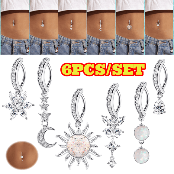 6pcs 14G Clicker Belly Button Ring for Women, Stainless Steel Butterfly Evil Eye CZ Dangle Belly Button Rings, Navel Piercing Jewelry