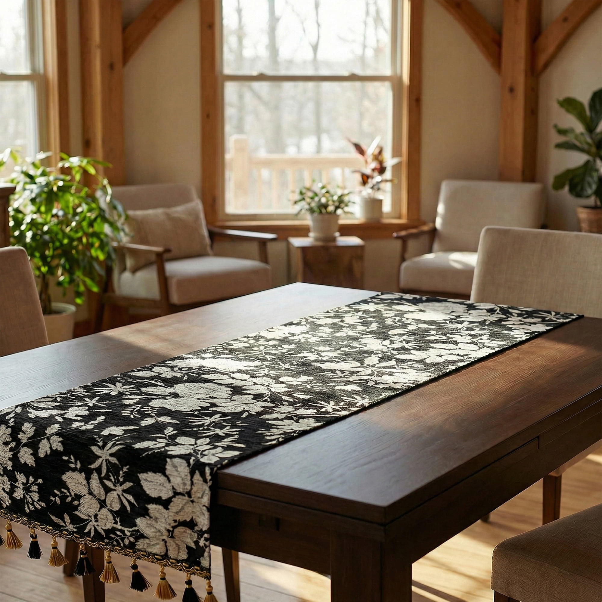 Unique Bargains Floral Table Decoration Kitchen Runner with Tassel Black 13.8x70.9in