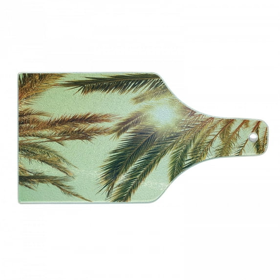 Palm Leaf Cutting Board, Beaming Sun Through Tree Branches Retro Effect Exotic Holiday Vacation Image, Tempered Glass Cutting and Serving Board, Wine Bottle Shape, Green Orange, by Ambesonne