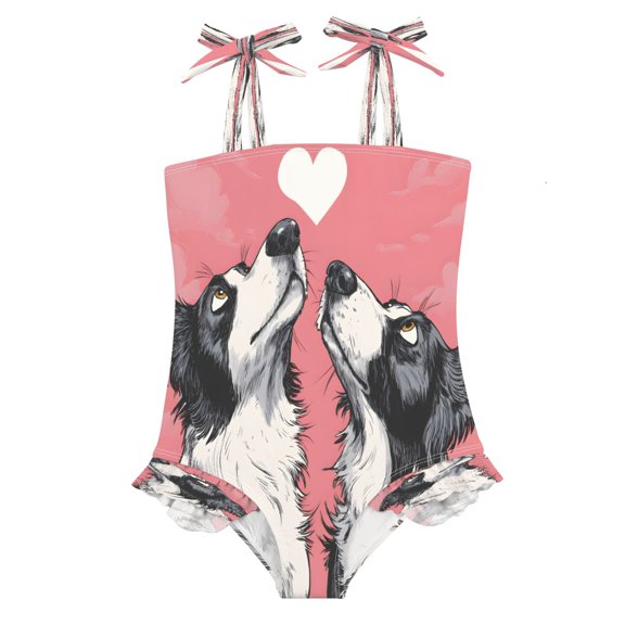 Border Collie Dogs Girls' One-Piece Swimsuit Bowknot Tie Shoulder Ruffled Stretchy Quick Dry